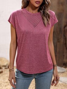 SHEIN LUNE Solid Contrast Lace Batwing Sleeve Tee - Pink - View 4