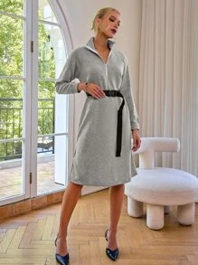 Half Zip Raglan Sleeve Belted Sweatshirt Dress - Light Grey - View 1