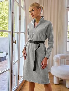 Half Zip Raglan Sleeve Belted Sweatshirt Dress - Light Grey - View 4