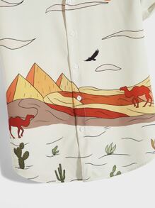 Manfinity RebelGame 宽松男士风景印花短袖休闲衬衫 - 米色 - 查看 3