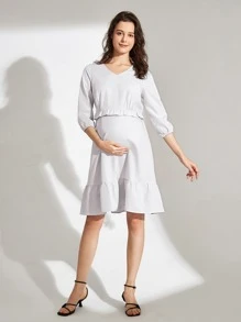 孕婦V領荷葉邊素色洋裝 - 淺藍色 - 查看 1