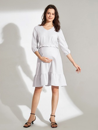 孕婦V領荷葉邊素色洋裝