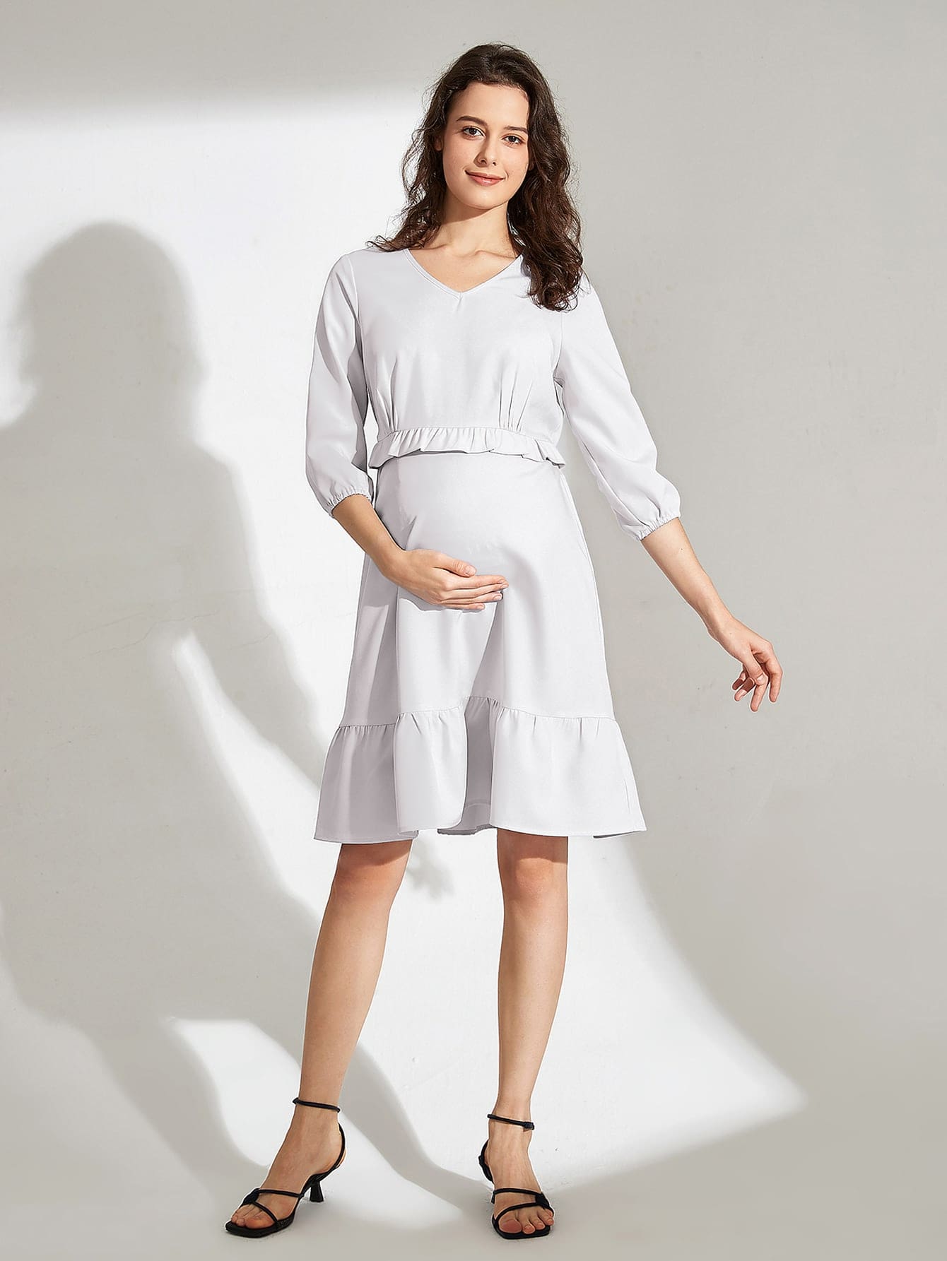 孕婦V領荷葉邊素色洋裝 - 淺藍色 - 查看 1