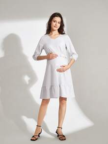 孕婦V領荷葉邊素色洋裝 - 淺藍色 - 查看 3