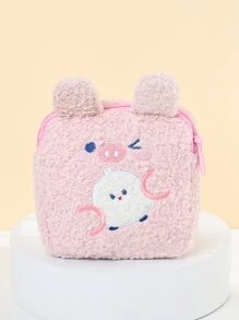 1入粉色小豬毛絨手提款式的時尚簡約化妝包，女性女孩化妝品收納盒化妝箱 - 粉色 - 查看 1