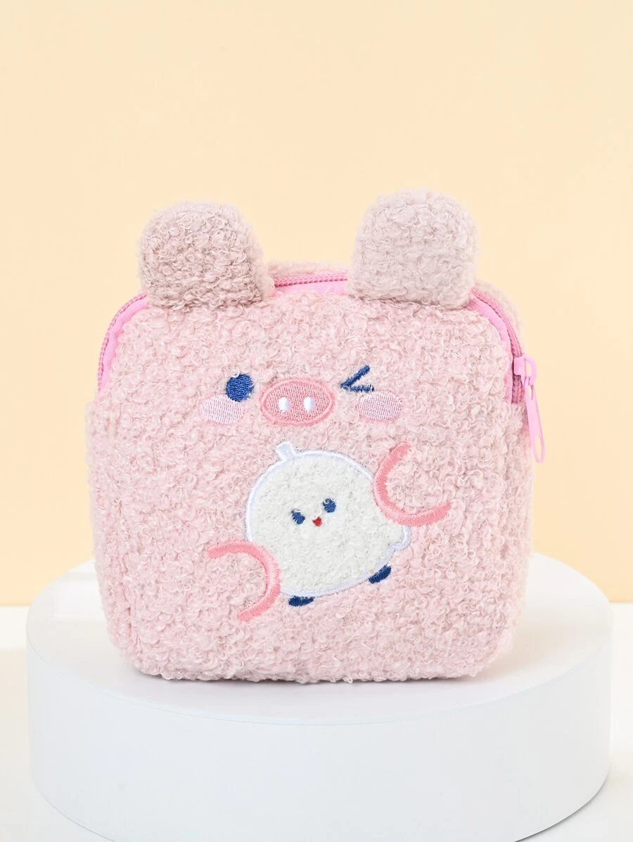 1入粉色小豬毛絨手提款式的時尚簡約化妝包，女性女孩化妝品收納盒化妝箱 - 粉色 - 查看 1