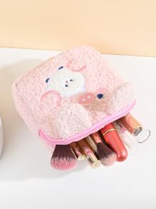 1入粉色小豬毛絨手提款式的時尚簡約化妝包，女性女孩化妝品收納盒化妝箱 - 粉色 - 查看 3