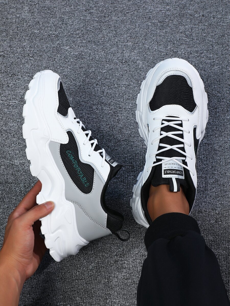 Men Letter Embroidered Lace-up Front Chunky Sneakers - Multicolor - View 1