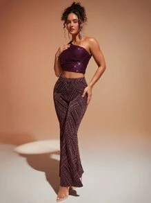 SHEIN BAE One Shoulder Glitter Crop Top - Purple - View 4