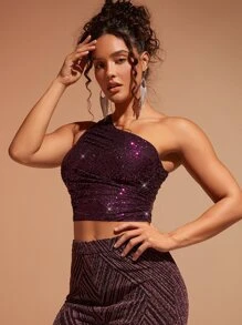 SHEIN BAE One Shoulder Glitter Crop Top - Purple - View 5
