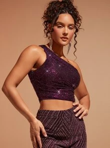 SHEIN BAE One Shoulder Glitter Crop Top - Purple - View 6