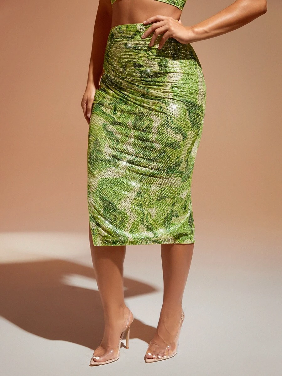 SHEIN BAE 紮染圖案褶邊開衩側亮片半身裙 - 綠色 - 查看 1