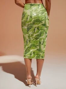 SHEIN BAE 紮染圖案褶邊開衩側亮片半身裙 - 綠色 - 查看 2