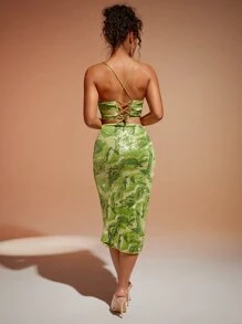 SHEIN BAE 紮染圖案褶邊開衩側亮片半身裙 - 綠色 - 查看 4