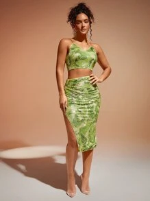 SHEIN BAE 紮染圖案褶邊開衩側亮片半身裙 - 綠色 - 查看 3