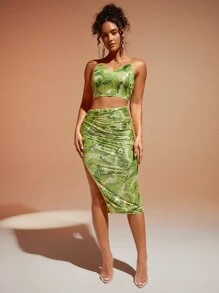 SHEIN BAE 紮染圖案褶邊開衩側亮片半身裙 - 綠色 - 查看 5