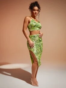 SHEIN BAE 紮染圖案褶邊開衩側亮片半身裙 - 綠色 - 查看 6