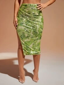 SHEIN BAE 紮染圖案褶邊開衩側亮片半身裙 - 綠色 - 查看 7