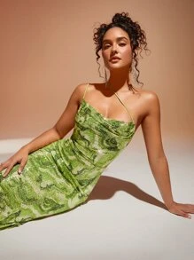 SHEIN BAE Đầm Bất đối xứng Lộ Lưng Vắt Chia Tất cả trên in Gợi cảm - Màu xanh Bạc hà - Xem 2