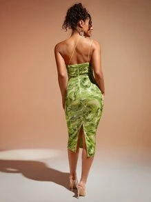 SHEIN BAE Đầm Bất đối xứng Lộ Lưng Vắt Chia Tất cả trên in Gợi cảm - Màu xanh Bạc hà - Xem 3