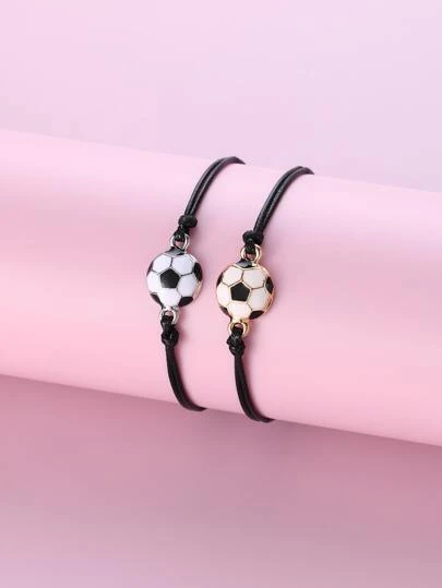 2pcs/Set Boys' Football Element Zinc Alloy & Black Wax Cord Braided Bracelet With Adjustable Size For Daily Wear, Gift