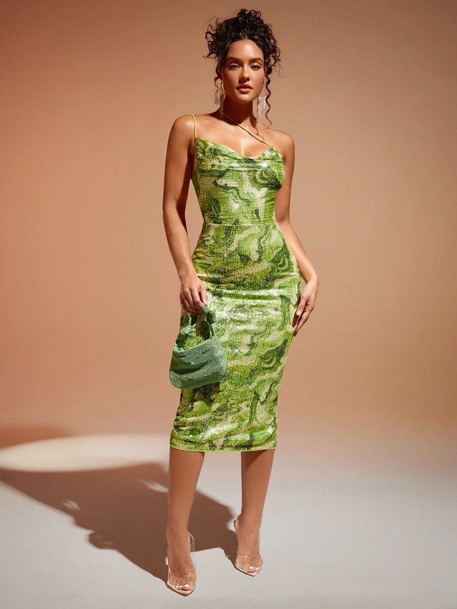 SHEIN BAE Đầm Bất đối xứng Lộ Lưng Vắt Chia Tất cả trên in Gợi cảm - Màu xanh Bạc hà - Xem 1