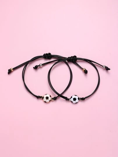 2pcs/Set Boys' Football Element Zinc Alloy & Black Wax Cord Braided Bracelet With Adjustable Size For Daily Wear, Gift