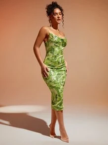 SHEIN BAE Đầm Bất đối xứng Lộ Lưng Vắt Chia Tất cả trên in Gợi cảm - Màu xanh Bạc hà - Xem 4