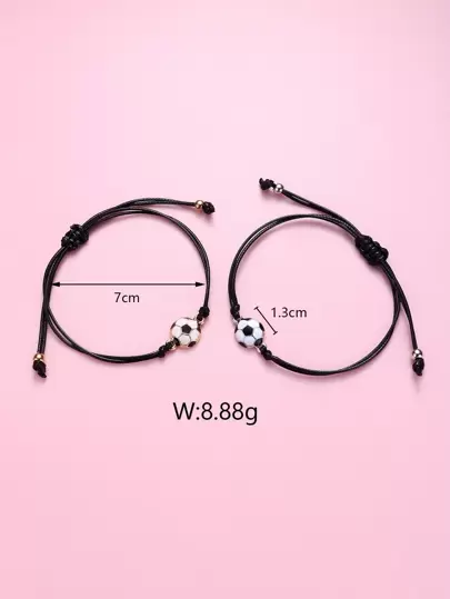 2pcs/Set Boys' Football Element Zinc Alloy & Black Wax Cord Braided Bracelet With Adjustable Size For Daily Wear, Gift