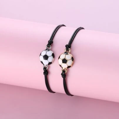 2pcs/Set Boys' Football Element Zinc Alloy & Black Wax Cord Braided Bracelet With Adjustable Size For Daily Wear, Gift