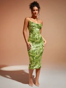 SHEIN BAE Đầm Bất đối xứng Lộ Lưng Vắt Chia Tất cả trên in Gợi cảm - Màu xanh Bạc hà - Xem 5