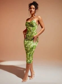 SHEIN BAE Đầm Bất đối xứng Lộ Lưng Vắt Chia Tất cả trên in Gợi cảm - Màu xanh Bạc hà - Xem 6