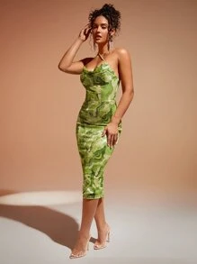 SHEIN BAE Đầm Bất đối xứng Lộ Lưng Vắt Chia Tất cả trên in Gợi cảm - Màu xanh Bạc hà - Xem 7