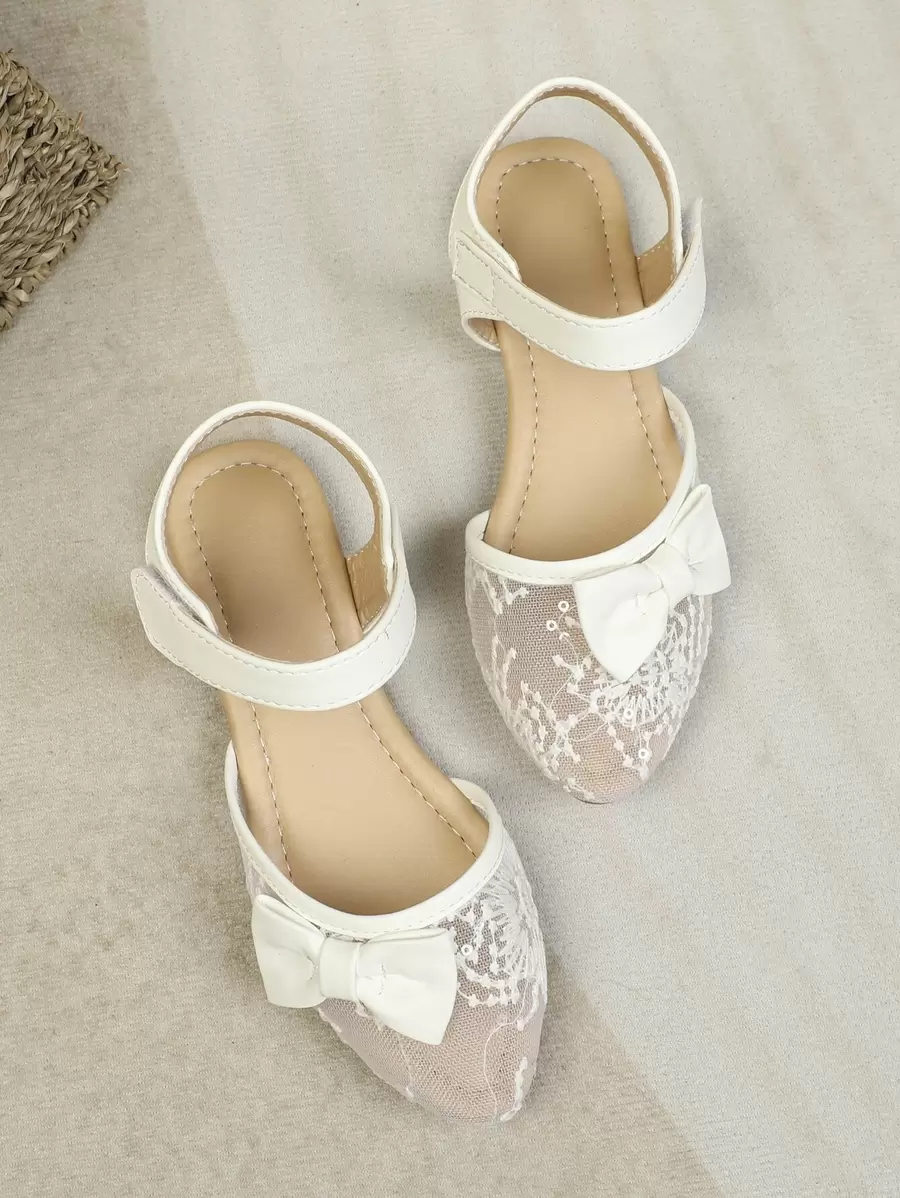 Girls Floral Embroidered Bow Decor Ankle Strap Flats - Beige - View 1