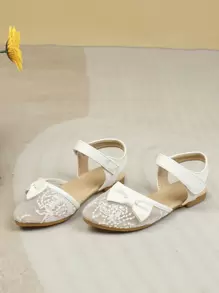 Girls Floral Embroidered Bow Decor Ankle Strap Flats - Beige - View 4