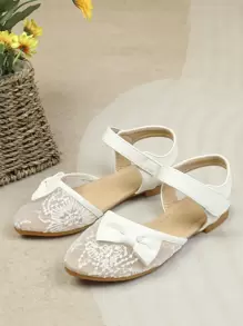 Girls Floral Embroidered Bow Decor Ankle Strap Flats - Beige - View 6