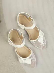 Girls Floral Embroidered Bow Decor Ankle Strap Flats - Beige - View 7