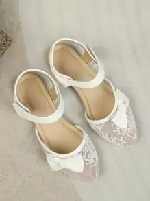 Girls Floral Embroidered Bow Decor Ankle Strap Flats - Beige - View 8