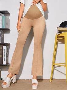 SHEIN Maternity Split Hem Flare Leg Trousers - Khaki - View 1