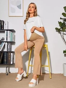 SHEIN Maternity Split Hem Flare Leg Trousers - Khaki - View 5