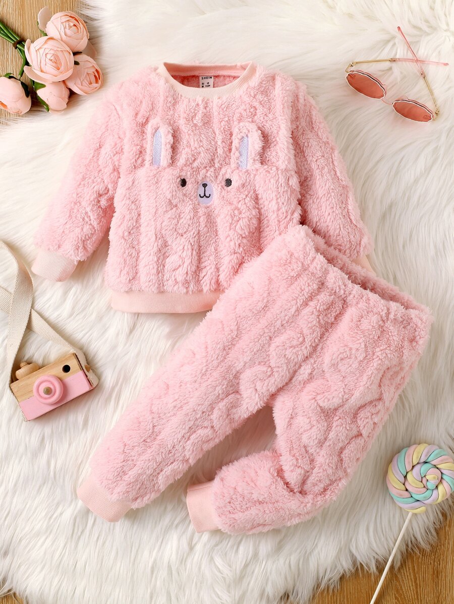 Baby Cartoon Embroidery 3D Ears Design Teddy Pullover & Trousers - Pink - View 1