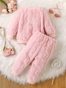 Baby Cartoon Embroidery 3D Ears Design Teddy Pullover & Trousers - Pink - View 2
