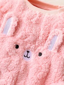 Baby Cartoon Embroidery 3D Ears Design Teddy Pullover & Trousers - Pink - View 4
