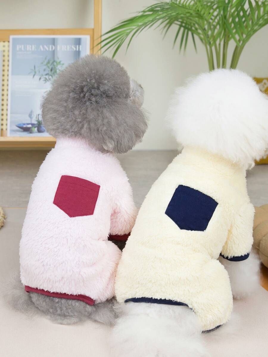 Patched Pocket Contrast Binding Pet Pajama - Yellow - View 1