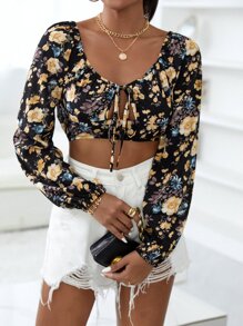 SHEIN VCAY Floral Print Knot Front Crop Top - Multicolor - View 3