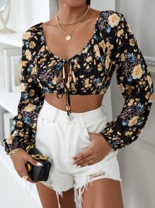 SHEIN VCAY Floral Print Knot Front Crop Top - Multicolor - View 5