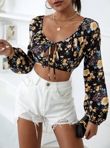 SHEIN VCAY Floral Print Knot Front Crop Top - Multicolor - View 6