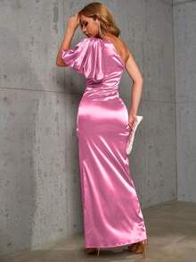 Double Crazy Summer Elegant Formal Dress For Women, One-Shoulder Ruffle Short Sleeve High Slit Side Dress - Pink - View 2