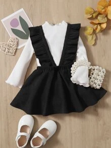 SHEIN Baby Lettuce Trim Tee & Ruffle Trim Suspender Skirt - Black and White - View 1
