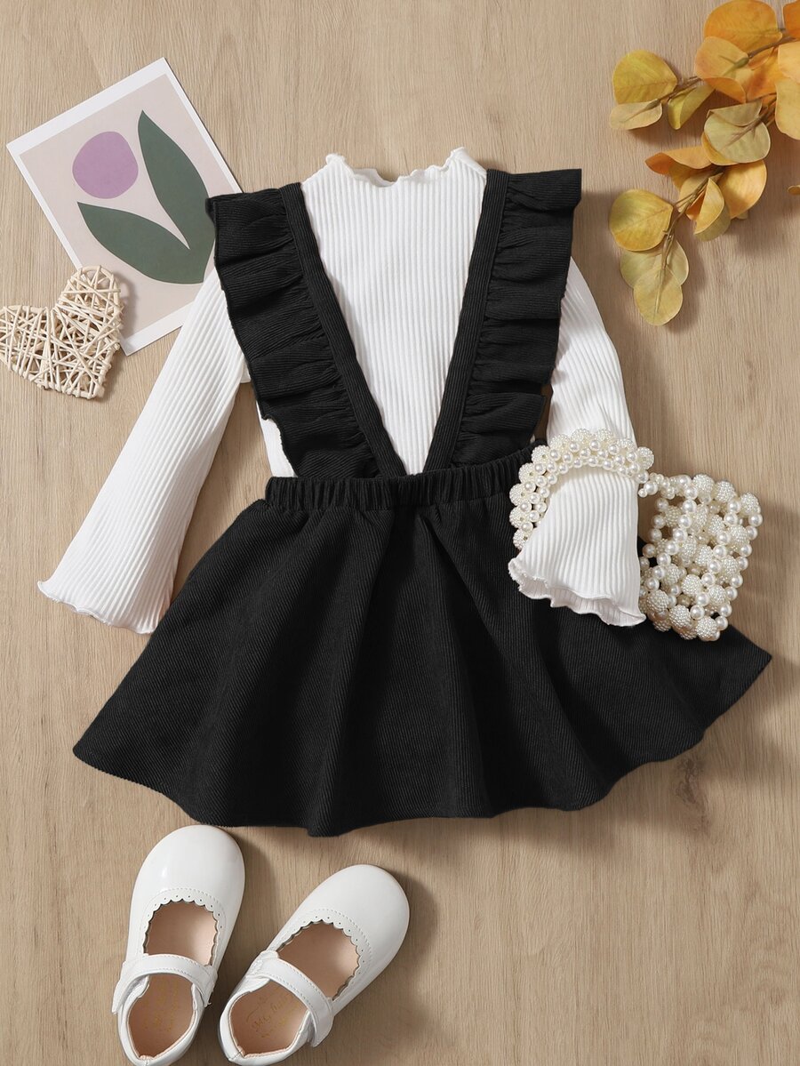 SHEIN Baby Lettuce Trim Tee & Ruffle Trim Suspender Skirt - Black and White - View 1